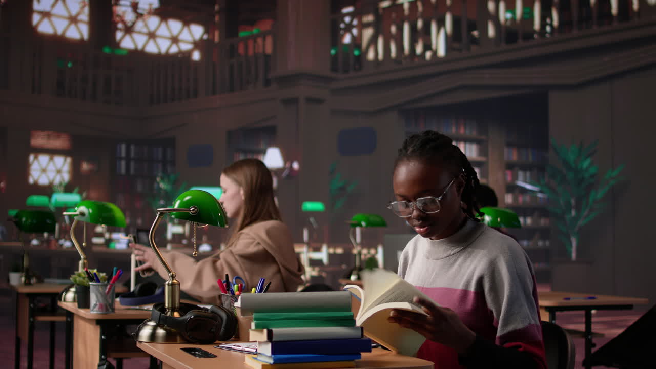 Vertical video african american girl does bachelor paper research for citations and information