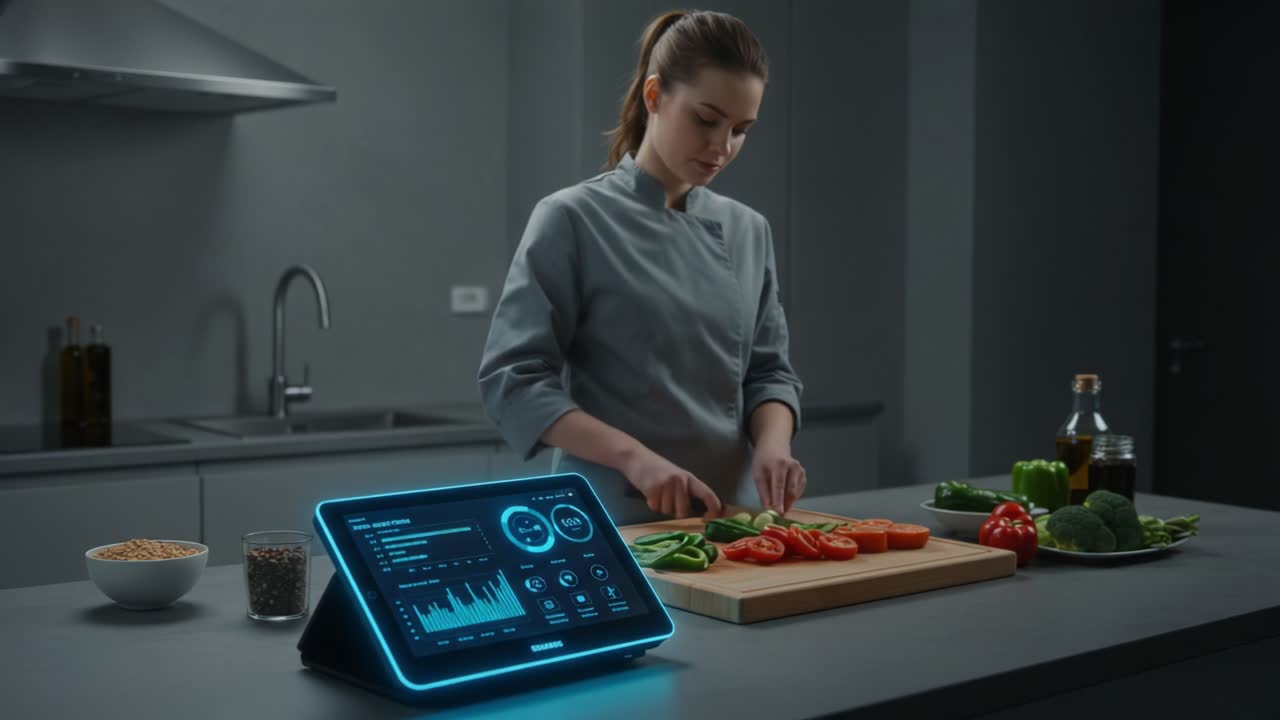 A Modern Digital Cooking Experience: A Culinary Artist Prepares Fresh Ingredients in a Sleek Kitchen with Advanced Smart Technology Display