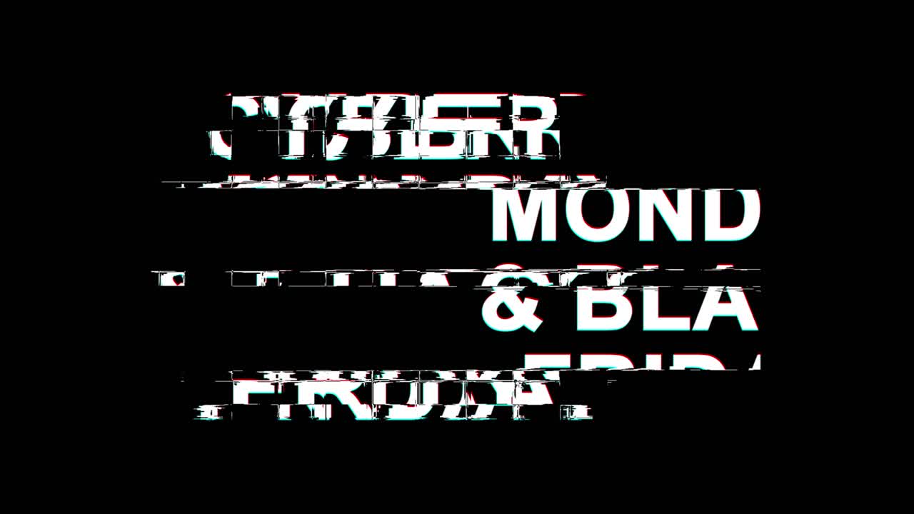 el lunes cibernético y el viernes negro efecto glitch texto tv digital distorsión animación de bucle 4k