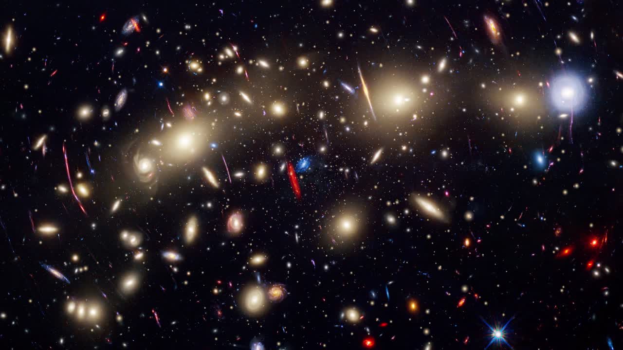 Wide-field view of a colorful endless universe with stars and galaxies in outer space. Flying through glowing nebulae, clouds, and star fields