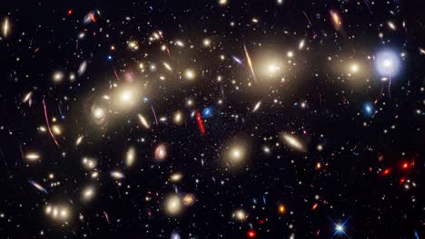 wide-field view of a colorful endless universe with stars and galaxies in outer space. flying through glowing nebulae, clouds, and star fields