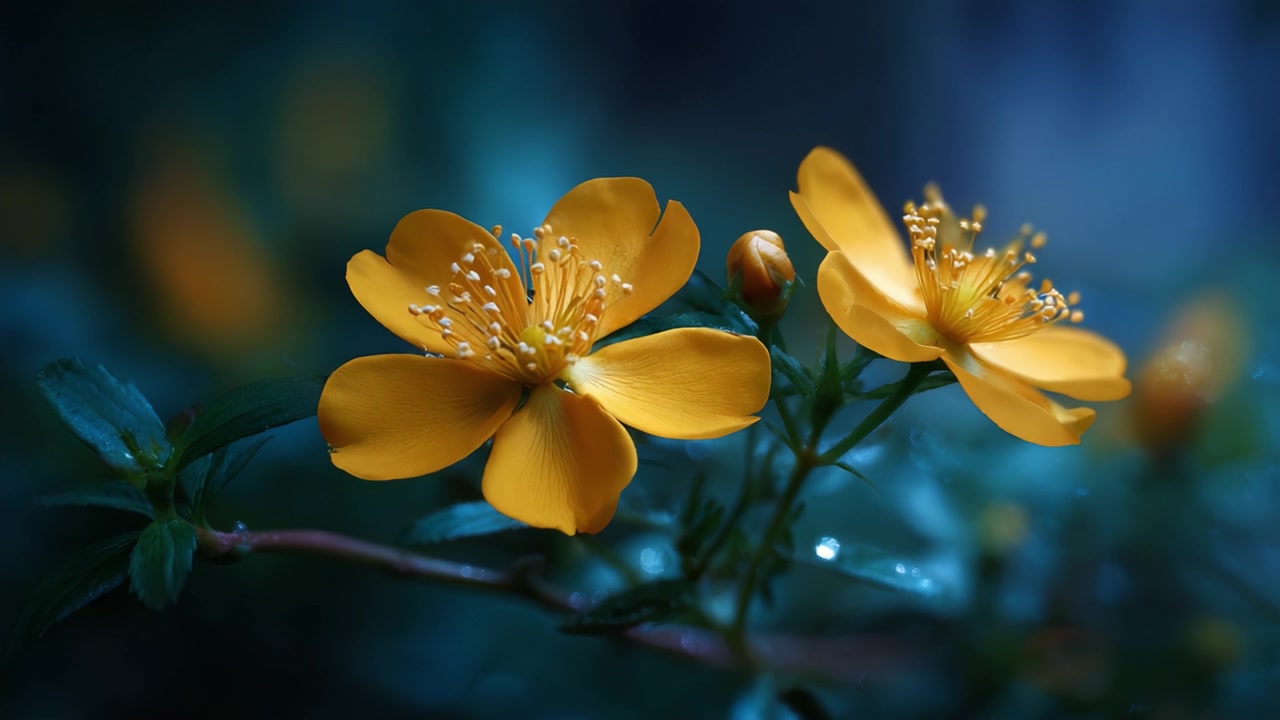 Fiori Gialli Sereni che Sbocciano in una Foresta Nebbiosa con Gocce di Rugiada Scintillanti, Catturando l'Essenza della Bellezza e della Tranquillità della Natura nella Macrofotografia