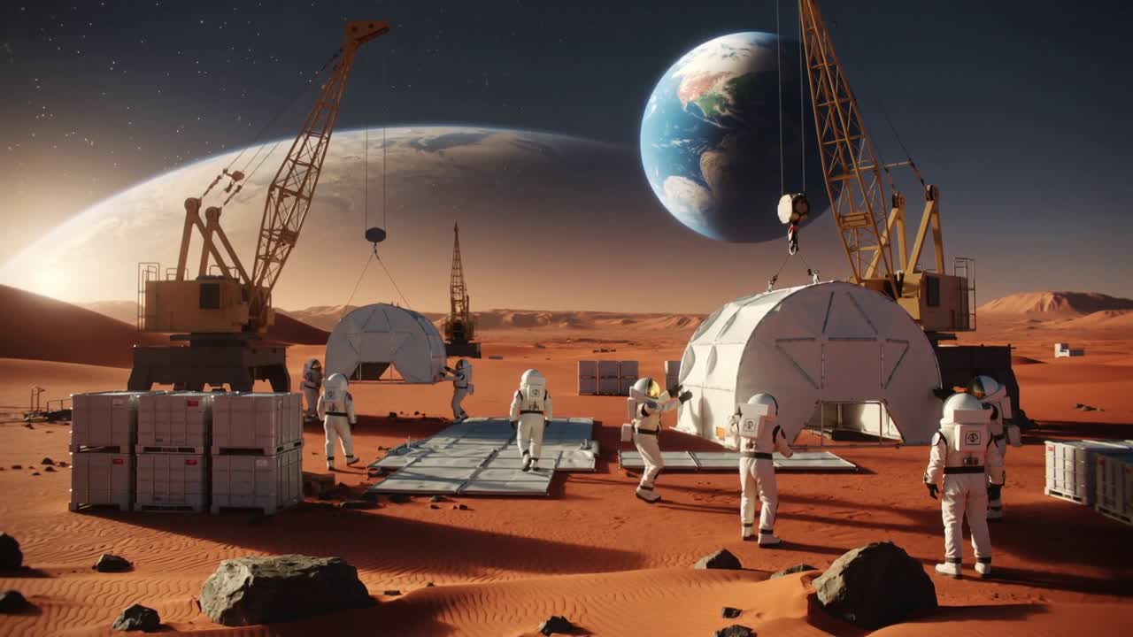 Starting crane hoisting second dome into place on red sand, suited crew guiding, assembling base