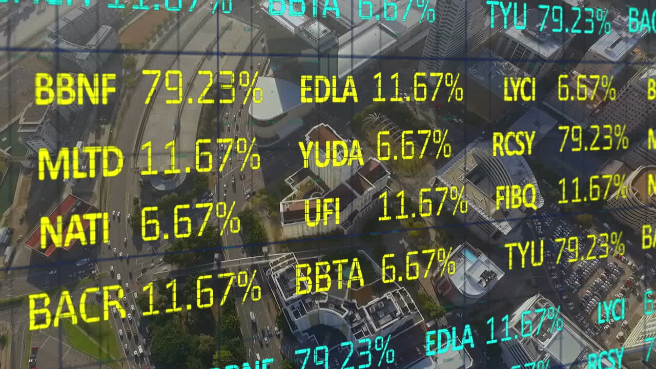 animación del procesamiento de datos financieros sobre la ciudad