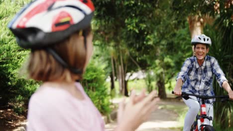 Parents-riding-bicycle-and-kids-cheering-them-in-the-park