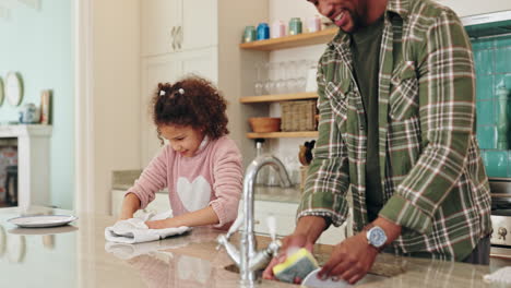 father and daughter cleaning together in the kitchen