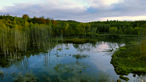 Aerial-footage-at-the-pond-in-autumn,-trees-without-leaves,-bald-stems-of-trees,-colorful-landscape-around,-beautiful-sunset,-warmiaand-masuria,-Poland