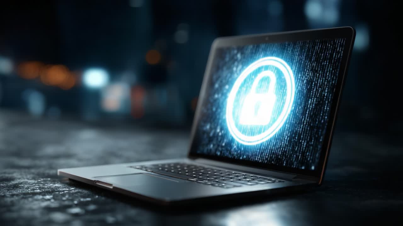 A Visual Representation of Cybersecurity: An Open Laptop Displaying a Lock Icon Amidst a Digital Matrix, Highlighting the Importance of Data Protection and Privacy in Modern Technology
