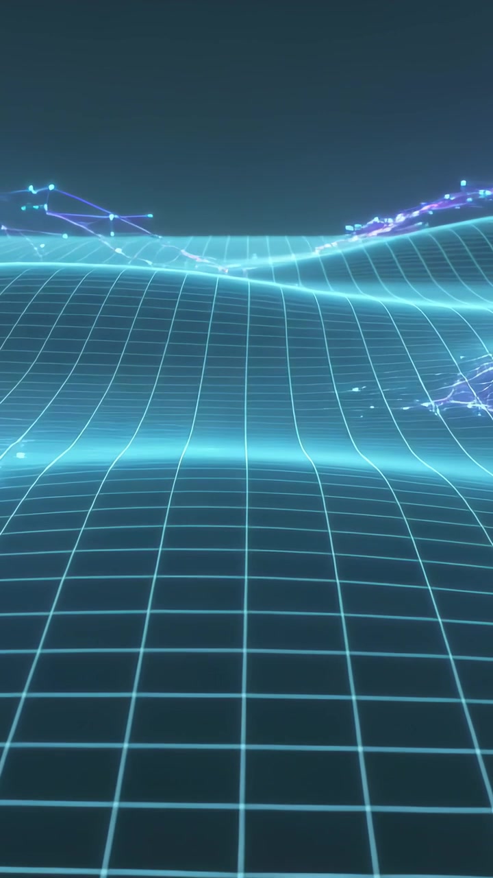 Vertical video: Wave rising from horizon, teal digital grid deforming, showing purple nodes