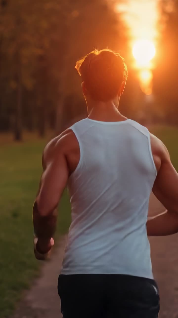 Vertical video: Jogging man moving toward sun glare, training on park ...