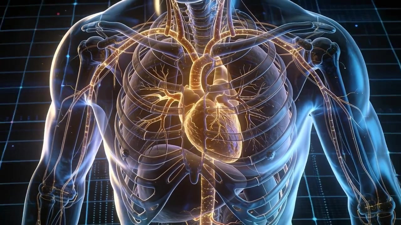 Opening digital torso model zooming, rotating against grid, showing heart pulsing and vessel tree