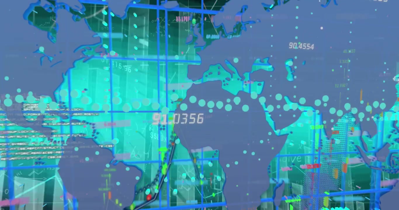 Animation of financial data processing over world map against blue background