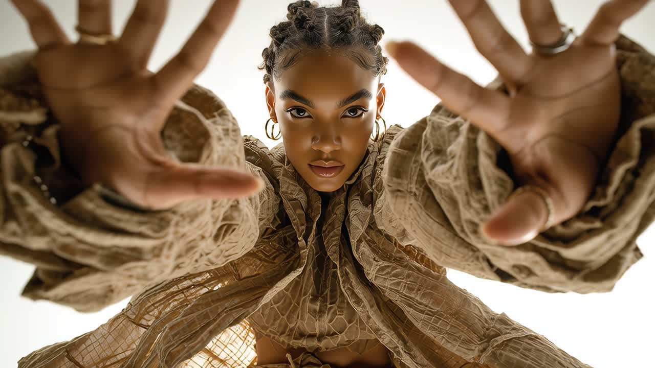 Fashion model reaching towards camera in slow motion on white background