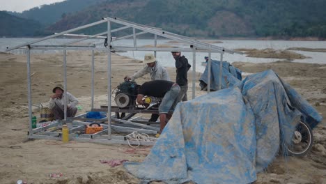 construction of a small house by the lake