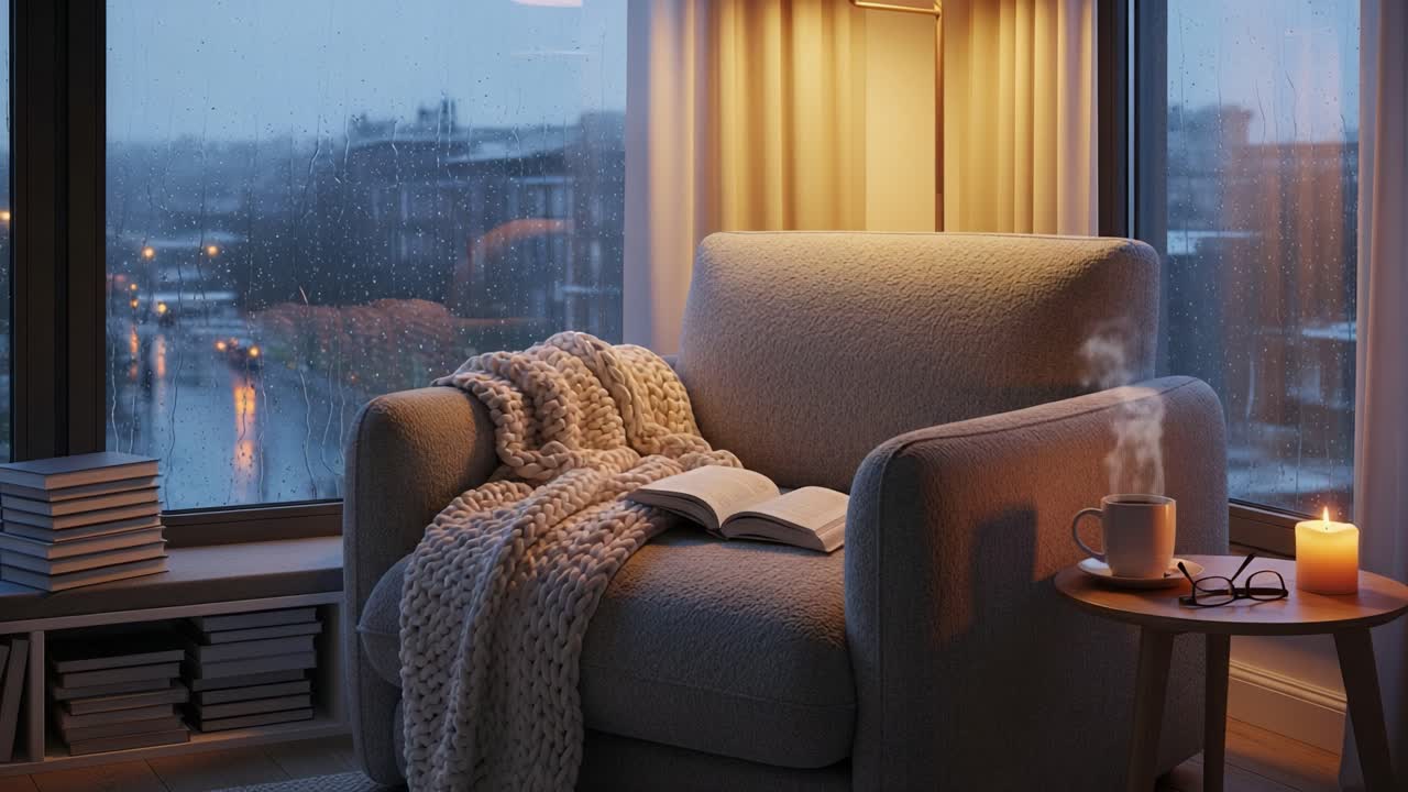 Cozy Indoor Escapism: A Comforting Reading Nook with a Warm Blanket, Open Book, Scented Candle, and Steaming Cup Amidst a Rainy Evening Scene