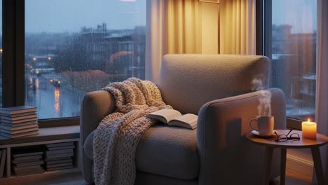 cozy indoor escapism: a comforting reading nook with a warm blanket, open book, scented candle, and steaming cup amidst a rainy evening scene