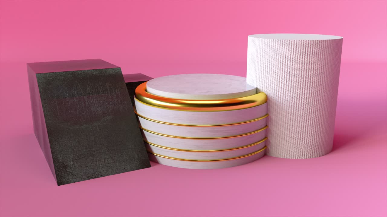 escenario rosa con podio geométrico y elementos, generado por computadora. representación 3d del fondo del estudio