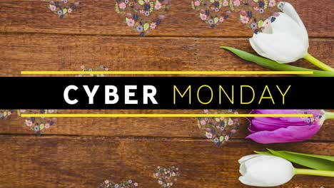 Banner-De-Texto-De-Cyber-Monday-Sobre-Diseños-Florales-En-Forma-De-Corazón-Flotando-Y-Margaritas-En-Una-Superficie-De-Madera