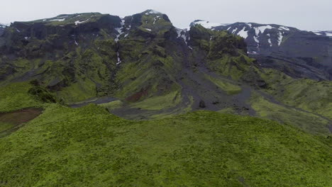 the landscape of thorsmork in highland of iceland from drone aerial view.