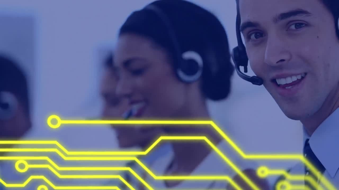 Animation of processor circuit board over business people using phone headsets