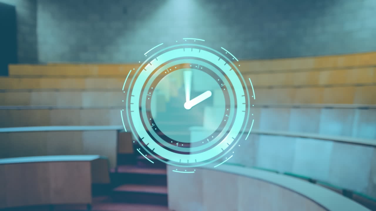 animación de un reloj digital sobre un aula vacía en segundo plano