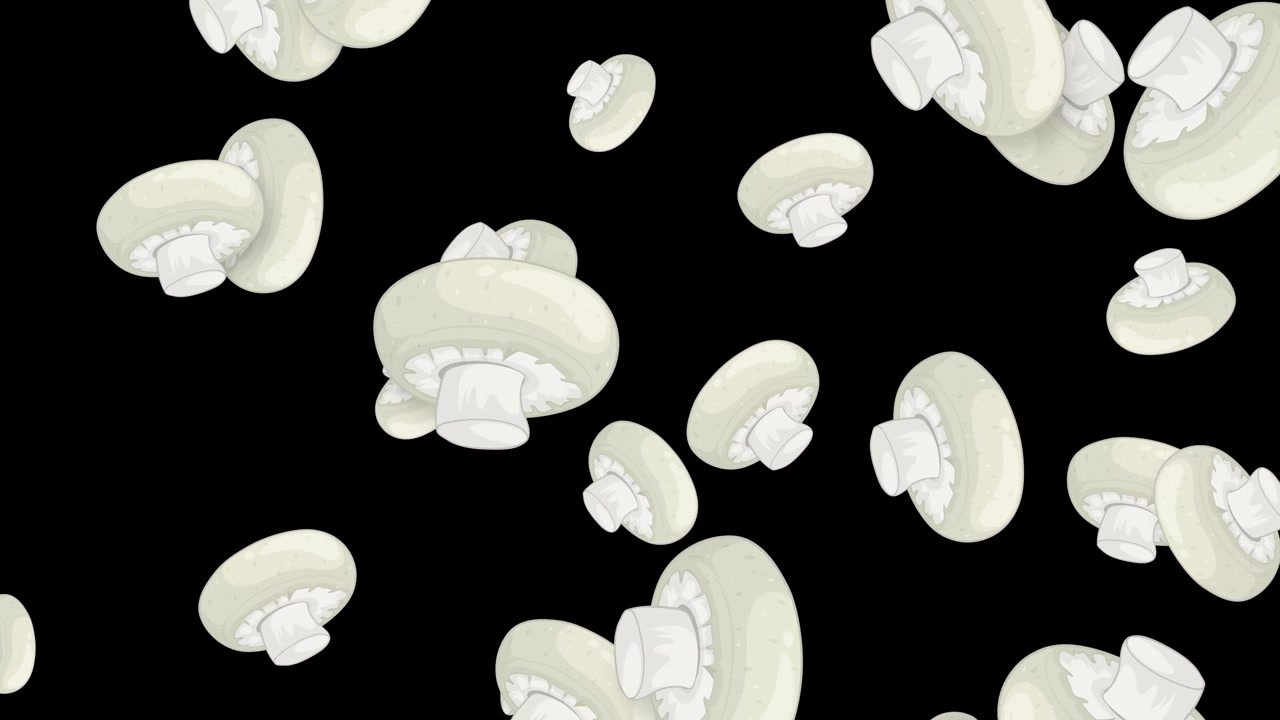 Stylized white button mushrooms falling vertically against a solid black background in a seamless loop.