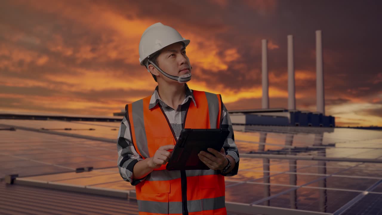 Ingeniero asiático con casco de seguridad mirando la tableta en su mano y observando a su alrededor mientras está de pie, inspeccionando paneles solares en la azotea al atardecer
