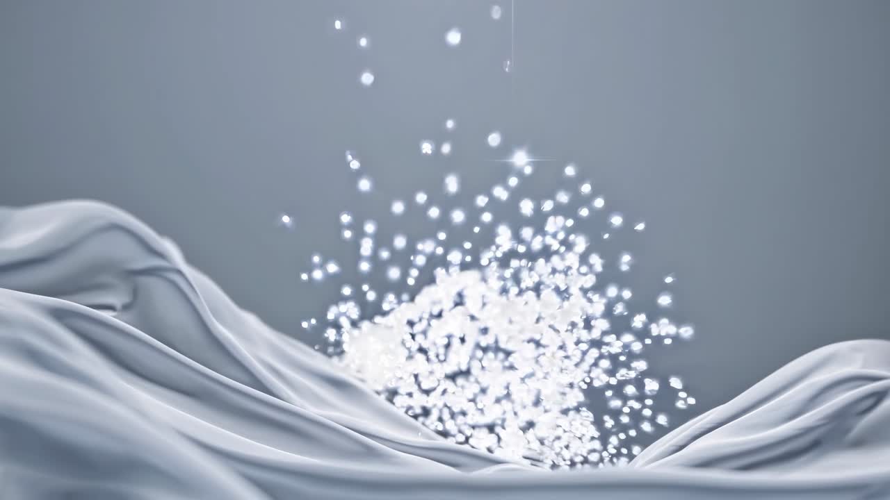Abstract video with a low-angle view of flowing white fabric and glowing orbs, creating a serene