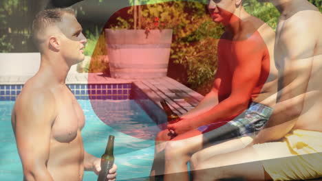 by poolside, men holding beer bottles, creating animation for sunny day atmosphere