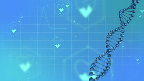 animation of medical icons and dna strand on blue background