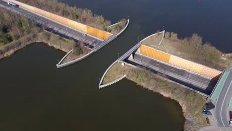 Aerial-pullback-from-lake-aquaduct-Veluwemeer,-transportation-infrastructure-project-in-Netherlands