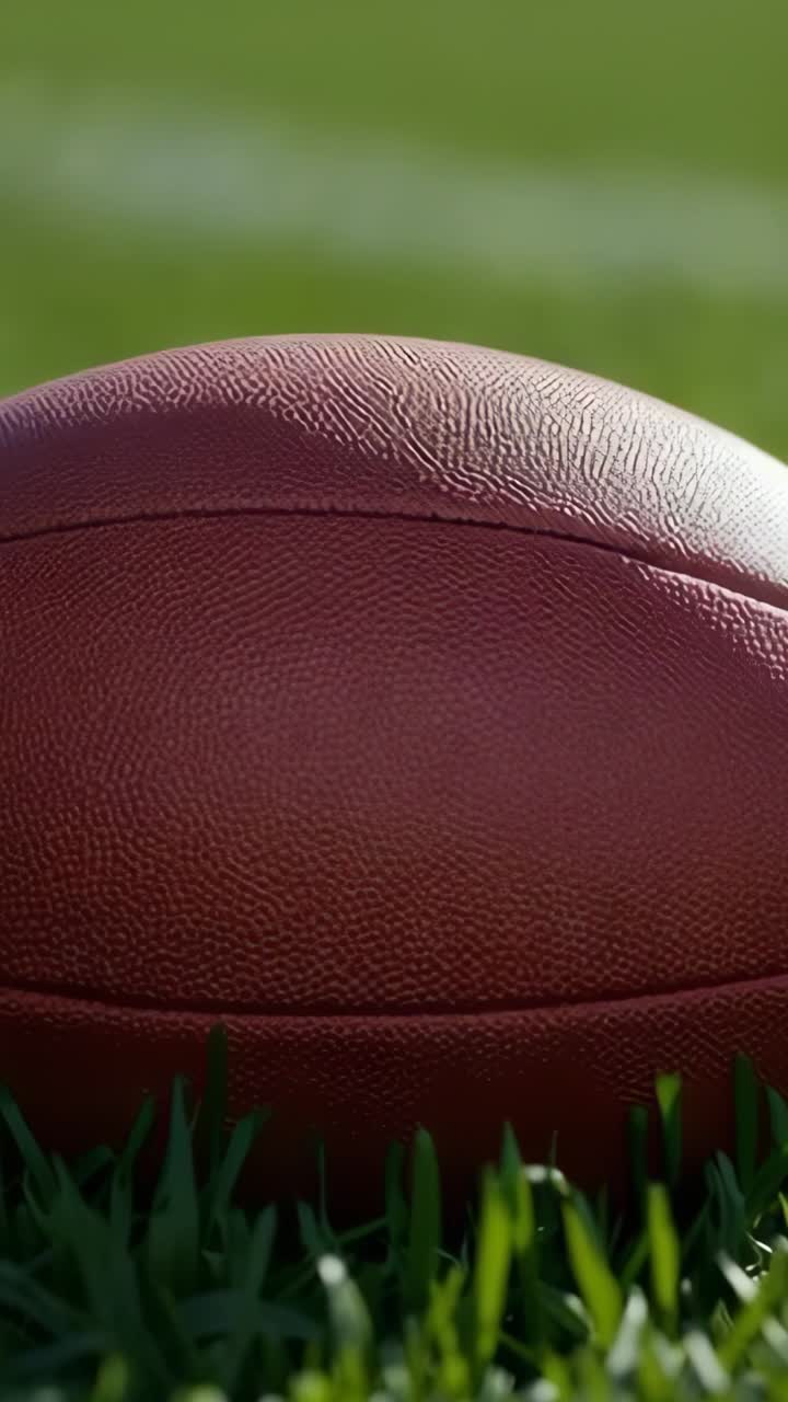 Vertical video: Opening camera focusing on football resting on turf by yard line, revealing texture
