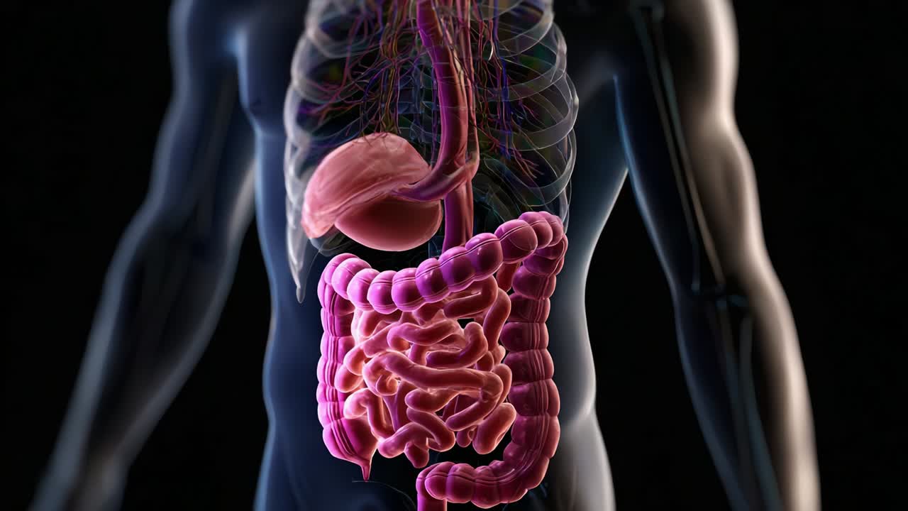 Anatomical Perspective on the Human Digestive System: A Visual Exploration of the Stomach, Intestines, and Esophagus Within the Human Body, Highlighting Their Interconnected Functions and Processes