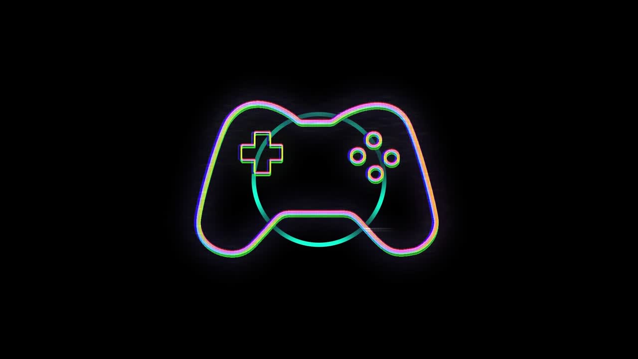 Animation of gamepad icon over shapes on black background