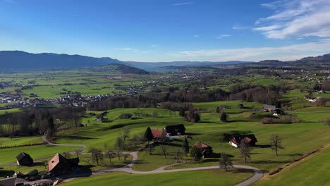 aerial view over uznach and lake zurich on a sunny day in switzerland