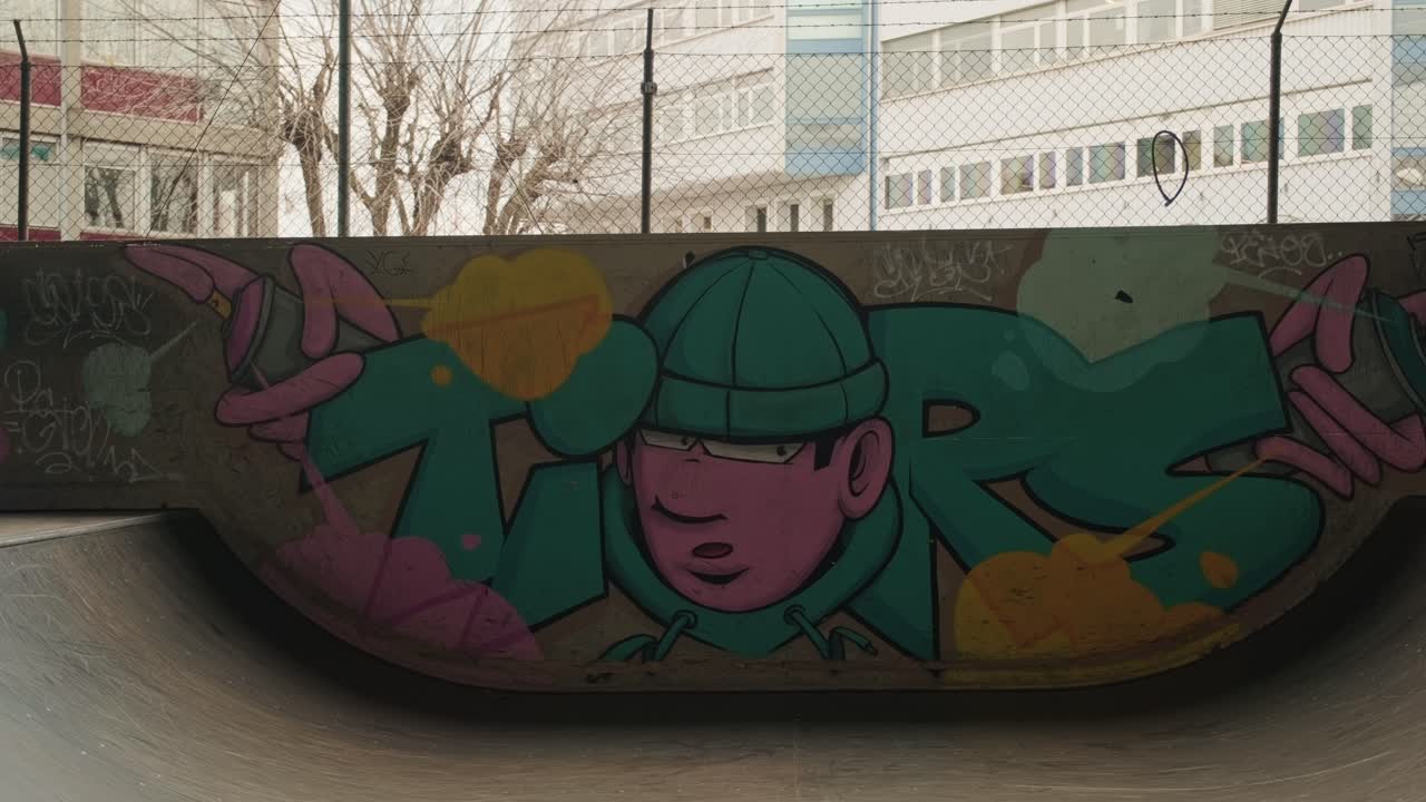Establishing shot of graffiti at Praille skatepark in Canton of Geneva Switzerland