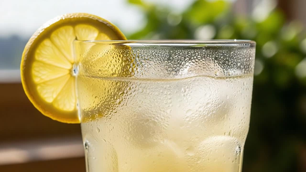 Refreshing Lemonade Drink in a Frosted Glass with Ice Cubes and a Lemon Slice, Perfect for Quenching Thirst and Enjoying Sunny Days