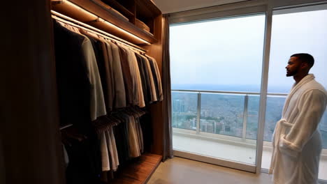 a luxurious high-rise apartment with a city view, featuring a modern bathroom and walk-in closet