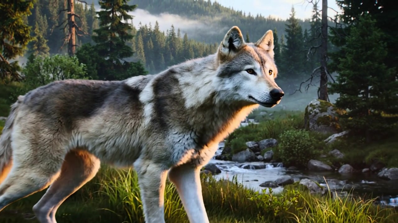 Walking adult wolf following stream scent, slowing to sniff and survey grassy bank, moss boulder