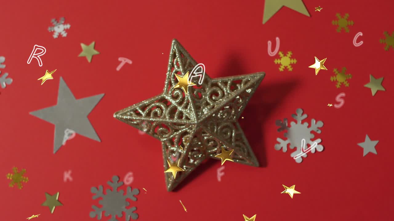 Gold sparkles drifting causing star ornament swirling letters appearing fading for festive mood