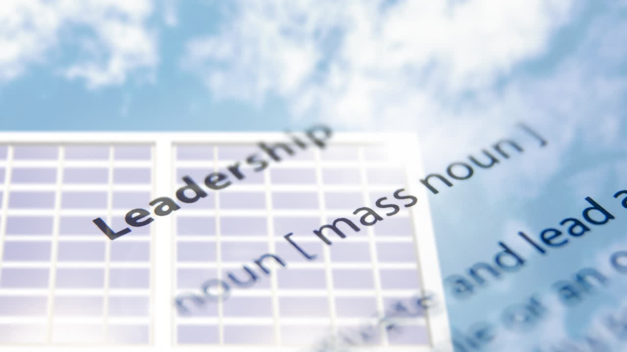 Defining leadership, animation playing over modern building and sky background