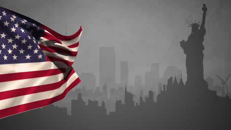 bandera de los estados unidos con la silueta de la estatua de la libertad
