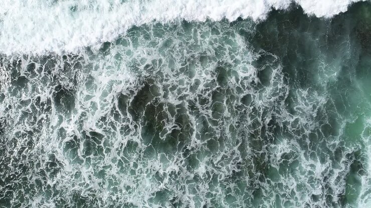 Aerial view. Aerial drone footage of ocean waves ,one turtle swimming in waves