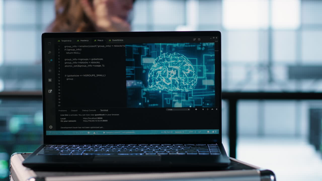 Notebook screen with AI neural networks doing computing processes, close up