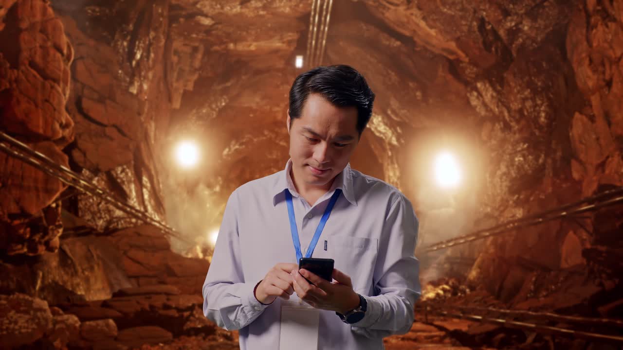 Asian Male Professional Worker Standing With His Smartphone In Underground Mine Tunnel, Work Continuously On His Device