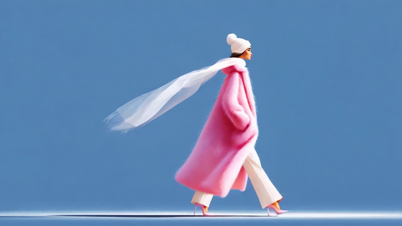 A fashionable figure confidently strides forward in a vibrant pink fur coat, complemented by an elegant white scarf and stylish white pants, against a serene blue backdrop