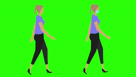 women walking cycle seamless loop , face mask version, green screen chroma key animation, flat design