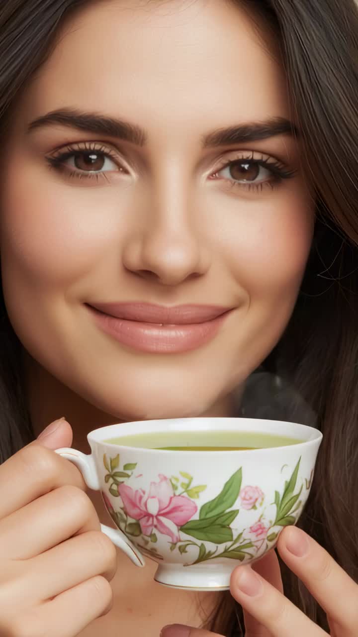 Vertical video: Holding woman with floral teacup opening eyes to camera in studio, manicured nails