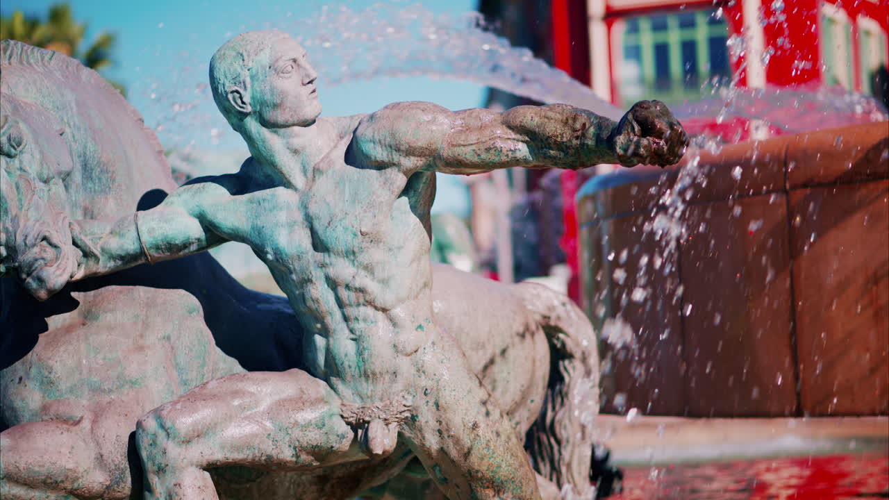 Nice, France - October 8, 2024: Close up of the Fontaine du Soleil in daylight