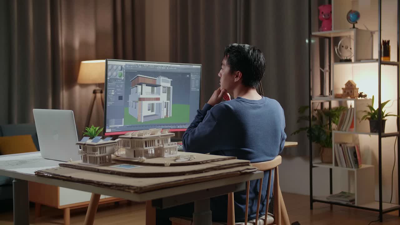 архитектор, работающий над проектом дизайна дома ночью.
